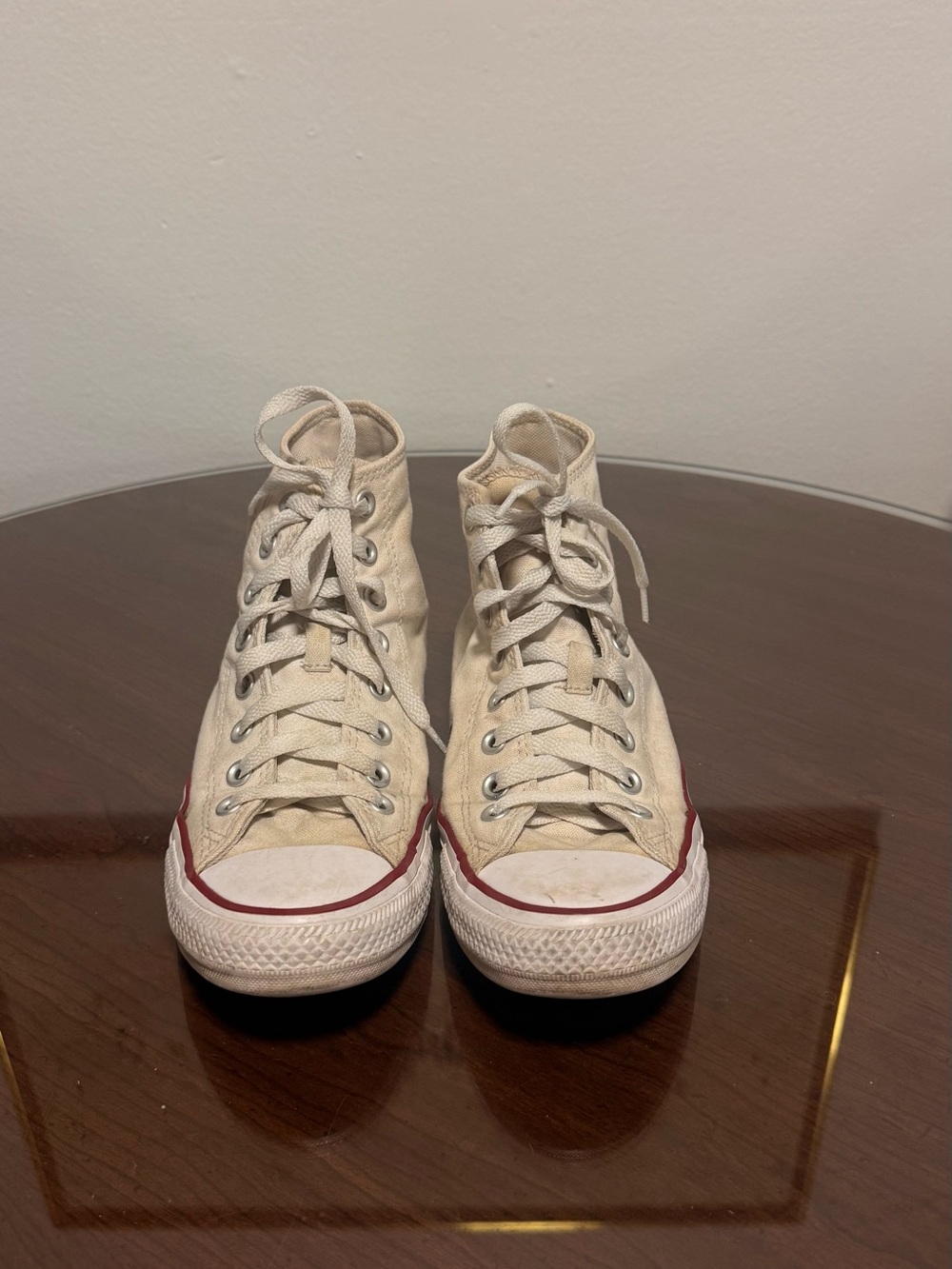 High-Top Canvas Sneakers in Cream with Red Accent